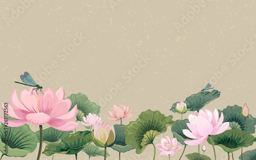 Illustration with lotus flowers and dragonflies Poster Mural XXL