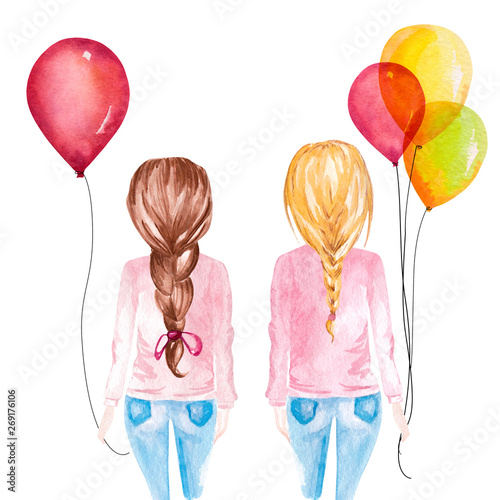 Hand drawn watercolor illustration of girls holding colorful balloons