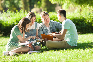 Group of students learning a lesson outdoors. Students reading text books or tutorial. Youth studying in the park.