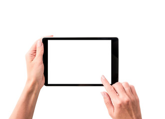 Top view of girl using tablet isolated on a white background