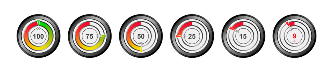 Poster - Set of vector indicator of the level of the battery, oxygen, capacity, energy. Round percentage diagrams from 9 to 100 for web design, ui or infographic.