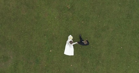 Wall Mural - Copter view of wedding. Groom and bride walking though thw big park surrounded by forest