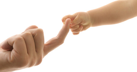 Father givingfinger to baby isolated on white background