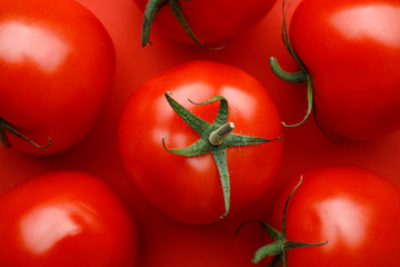 Tomatoes, fresh tomatoes on an red background,  minimalistic concept, monochrome, top view. Fruit, vegetable pattern, flat lay