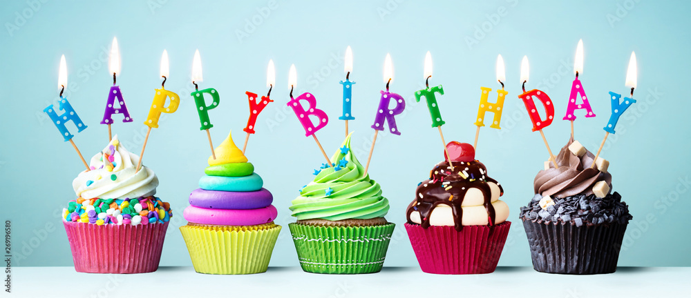 Colorful happy birthday cupcakes - obrazy, fototapety, plakaty 