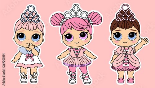 Cute vector little princesses in royal luxury clothes Poster Mural XXL