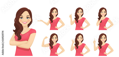 Fotografía Smiling beatiful woman with curly hairstyle set with different gestures isolated