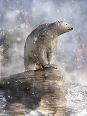 Fototapete - A polar bear stands upon a large grey stone during a snowstorm somewhere in the wilderness of northern Canada. The wind blows and the snow swirls around the great animal. 3D Rendering
