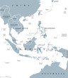 Southeast Asia, political map with borders. Subregion of Asia with countries south of China, east of India, west of New Guinea, north of Australia. Gray illustration on white background. Vector.