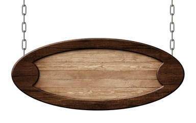 Wall Mural - Oval signpost made of natural wood with dark wooden frame hanging on chains