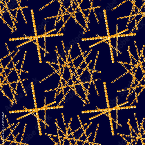 Golden pearl and chain glamour seamless pattern illustration.  fashion design...