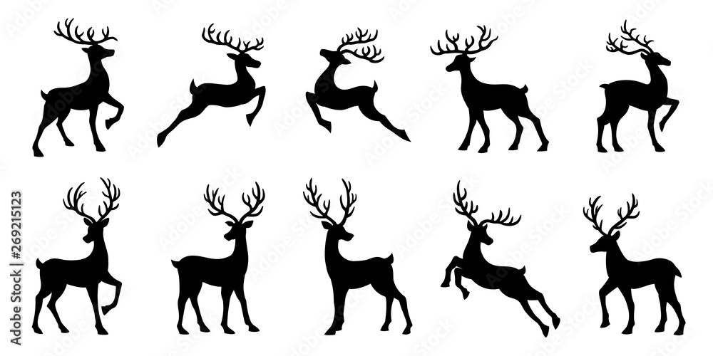 christmas deer silhouettes - obrazy, fototapety, plakaty 