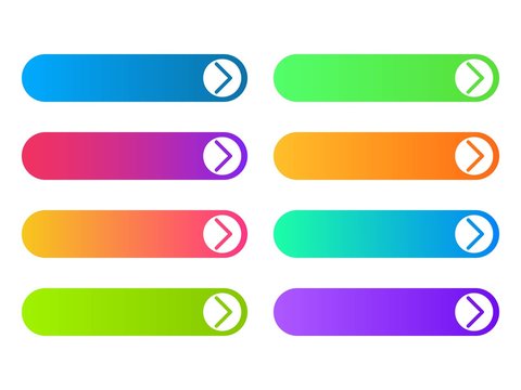 Set of colorful empty web buttons with white arrows. Template design in minimalistic style for web or mobile apps.