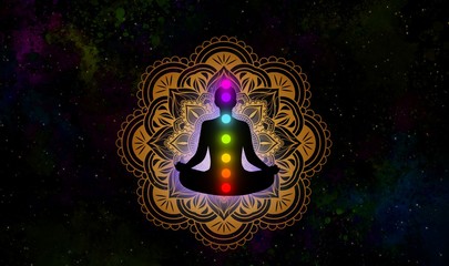 Wall Mural - Meditation man with aura and seven chakras on abstract background