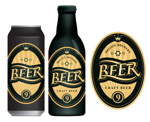 Wall Mural - Vector label for craft beer in retro style, decorated by crown and stars in oval frame with golden rays. Sample beer label on beer can and beer bottle