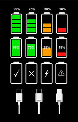 Aufkleber - Set of vector icons of battery and type-c cable on dark background. Vector flat icons for interface design of smartphone, tablet and other devices.