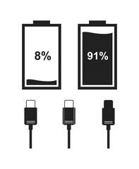 Aufkleber - Icons of battery level indicator and type-c cable in black color. Vector icons for interface design.