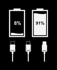 Aufkleber - Set of vector icons of battery and USB cable for the interface of various types of devices.