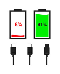 Aufkleber - Flat color icons of battery and type-c cables isolated on white background. Vector battery level indicators.