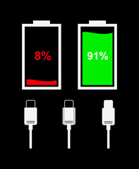 Aufkleber - Battery level indicator icons isolated on black background. Vector flat icons of battery and type-c cable.