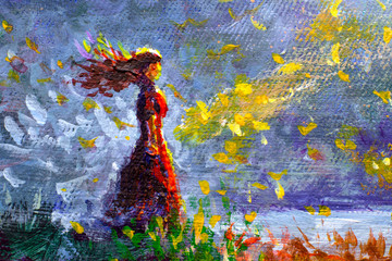 Wall Mural - Painting oil - Young beautiful girl with long flowing hair,fragment of painting, image of mother - modern art impressionism abstract landscape acrylic paint artwork