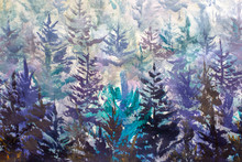 Painting Oil - Misty Blue Winter Pine And Spruce Trees - Abstract Purple Landscape - Modern Art Impressionism Abstract Landscape Acrylic Paint Artwork
