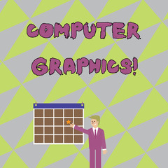 Fototapete - Handwriting text writing Computer Graphics. Conceptual photo visual representations of data displayed on a monitor Businessman Smiling and Pointing to Colorful Calendar with Star Hang on Wall