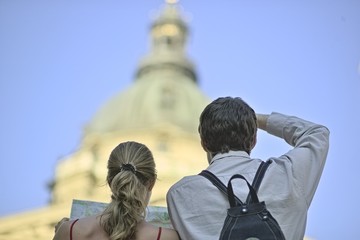 Young Tourists Admiring Basilica, Budapest Hungary