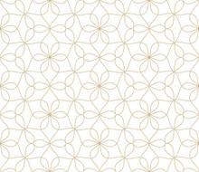 Modern Simple Geometric Vector Seamless Pattern With Gold Flowers, Line Texture On White Background. Light Abstract Floral Wallpaper, Bright Tile Ornament