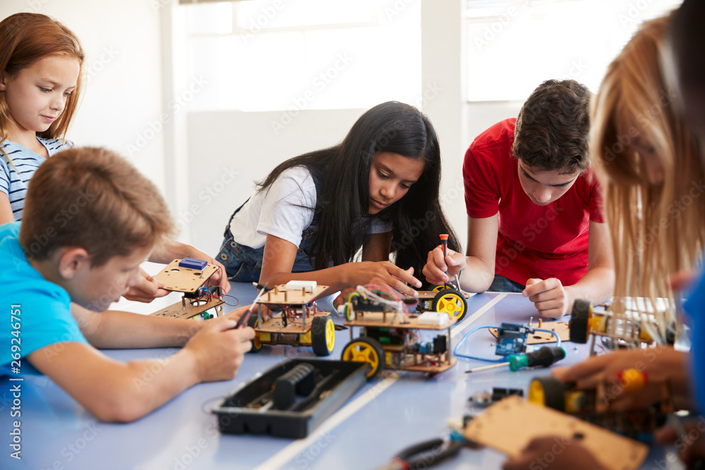 Students In After School Computer Coding Class Building And Learning To ...
