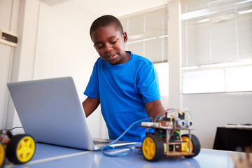 Wall Mural - Male Student Building And Programing Robot Vehicle In After School Computer Coding Class