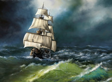 Old Ship In The Sea. Digital Oil Paintings Landscape. Fine Art.