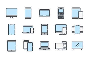 Wall Mural - Electronic and devices related color line icon set. Computers and mobile phones colorful linear icons. Laptop, hardware and tablet flat color outline vector sign collection.