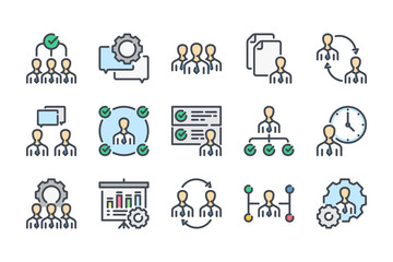 Poster - Business and office related color line icon set. HR and structure colorful linear icons. Employee and management flat color outline vector sign collection.