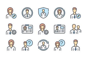 Poster - User profile related color line icon set. Avatar settings colorful linear icons. Profile services flat color outline vector sign collection.
