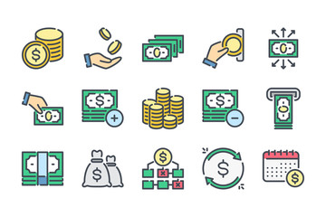 Fototapete - Money related color line icon set. Bank and finance colorful linear icons. Dollar and payment flat color outline vector sign collection.