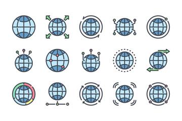 Poster - world map related color line icon set. globe colorful linear icons. earth and location flat color ou