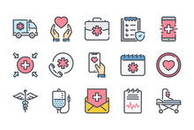 Healthcare Related Color Line Icon Set. Emergency Colorful Linear Icons. Hospital And Medical Care Flat Color  Outline Vector Signs And Symbols Collection.