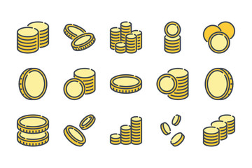 Poster - Stack of coins related color line icon set. Coin colorful linear icons. Money and currency flat color outline vector sign collection.