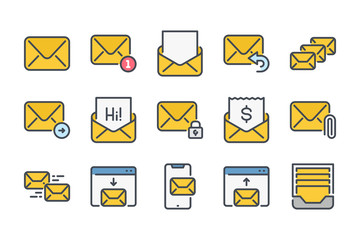 Poster - Mail and Email related color line icon set. Envelope and letter colorful linear icons. Newsletter flat color outline vector sign collection.