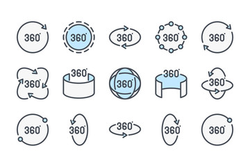 Poster - 360 degree related color line icon set. 360 view colorful linear icons. Panorama view flat color outline vector sign collection.