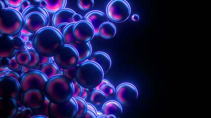 Poster - neon glowing flying balls, creative installation, abstract colorful structure, bright soap bubbles, 