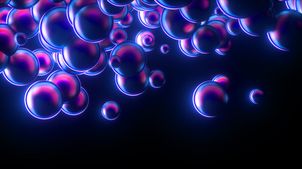 Poster - neon glowing flying balls, creative installation, abstract colorful structure, bright soap bubbles, 