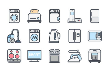 Home appliances related color line icon set. Household colorful linear icons. Kitchen appliances flat color outline vector signs and symbols collection.