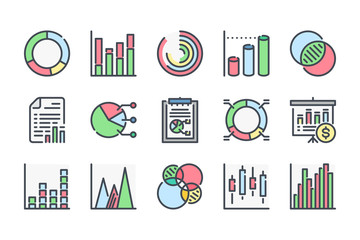 Fototapete - Chart and graph related color line icon set. Analytics colorful linear icons. Report flat color outline vector sign collection.