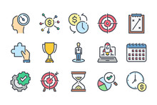 Strategy Related Color Line Icon Set. Business Analytics And Marketing Action Colorful Linear Icons. Plan And Forecast Flat Color Outline Vector Signs And Symbols Collection.