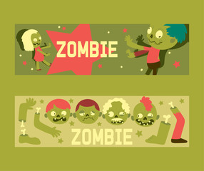 Cartoon zombie vector pattern halloween scary monster character spooky boy girl illustration backdrop of horror evil dead green creepy man head grasping background banner set