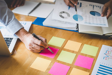 Aufkleber - Co working conference, Business team colleagues discussing working analysis with financial data and marketing growth report graph in team, Meeting Talking Brainstorming Communication Concept