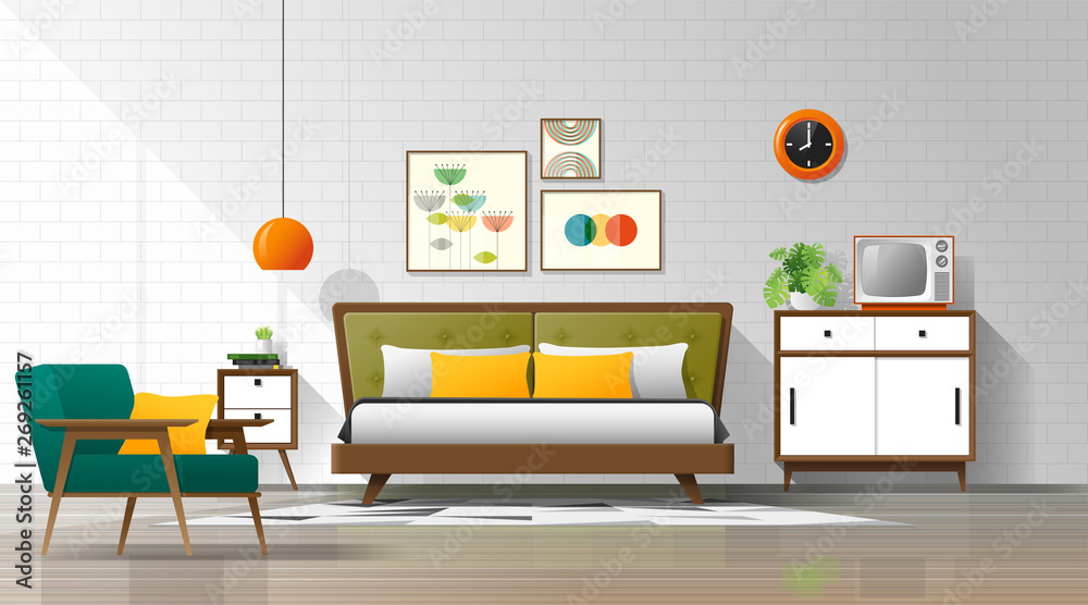 Vintage interior background with mid century modern bedroom , vector ...