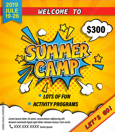 picture Banner Summer Camp Poster Background https stock adobe com de images summer camp invitation banner with handdrawn lettering in comic speech bubble on halftone background let s go camping and travelling on holiday template for posters flyers vector illustration 269265789 start checkout 1 content id 269265789